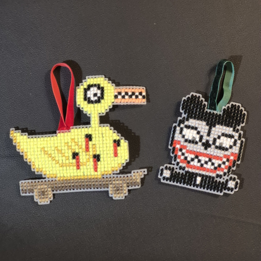 Handmade Cross Stitch SET of 2 Ornaments Spooky Toys, Plastic Mesh/Velvet Ribbon